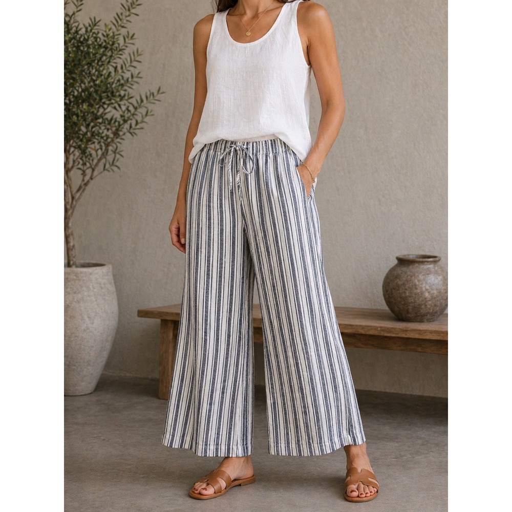 Gap Womens Linen Blend Blue White Striped Pull On Wide Leg Pants Medium